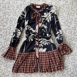 Ceibon Edda Pleated Tie Neck Long Sleeve Satin Minidress